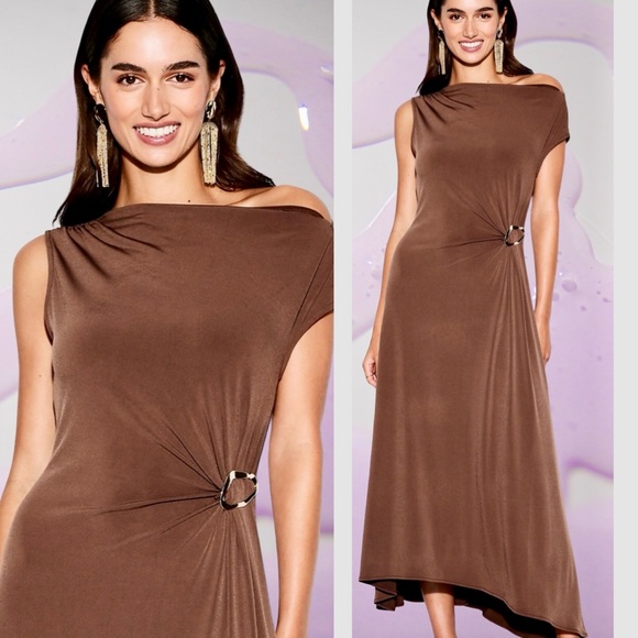 NWTS🌹THE OCCASION L🌹LUSTROUS SABLE OFF THE SHOULDER SIDE TWIST MIDI DRESS - Picture 1 of 16